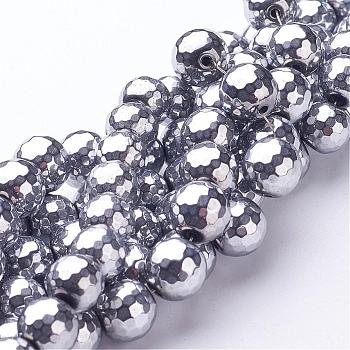 Non-Magnetic Synthetic Hematite Bead Strands, Faceted, Round, Platinum Plated, 10mm, Hole: 1mm, about 40pcs/strand, 15.9 inch
