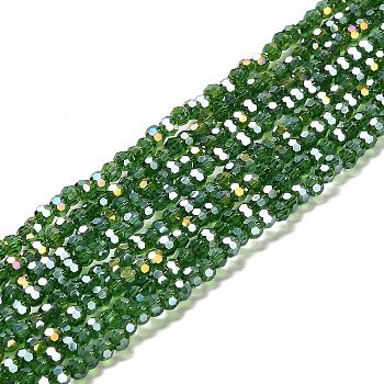 Transparent Glass Beads, 32 Facets, AB Color Plated, Round, Green, 3.5x3mm, Hole: 1mm, about 163~166pcs/strand, 50~51cm