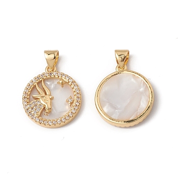 Rack Plating Brass Shell Pendants, with Cubic Zirconia & Natural Shell, Flat Round with Constellation Charms, Cadmium Free & Lead Free, Long-Lasting Plated, Real 18K Gold Plated, Capricorn, 19x16x3mm, Hole: 4x3.5mm