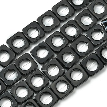 Natural Black Onyx Beads Strands, Dyed & Heated, Square with Hollow Round, 12x12x3mm, Hole: 0.8mm, about 33pcs/strand, 15.63~15.75''(39.7~40cm)