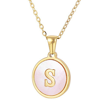 Natural Shell Initial Letter Pendant Necklace, with Golden Stainless Steel Cable Chains, Letter S, 17.72 inch(45cm)
