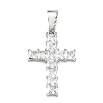 Easter 304 Stainless Steel Micro Pave Clear Cubic Zirconia Pendants, Cross Charms, with 201 Stainless Steel Bails, Stainless Steel Color, 25x17x3mm, Hole: 7x4mm