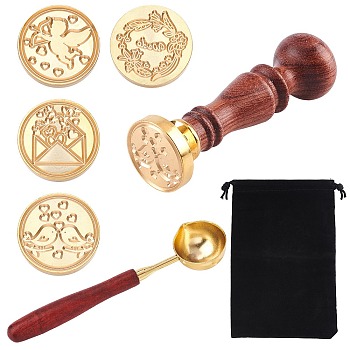DIY Stamp Making Kits, Including Brass Wax Seal Stamp Head, Brass Spoon, Pear Wood Handle, Rectangle Velvet Pouches, Golden, Brass Wax Seal Stamp Head: 4pcs