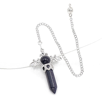 Synthetic Blue Goldstone Dowsing Pendulum Big Pendants, with Platinum Plated Metal Findings, Hexagonal Angel Scepter Charm, 320mm