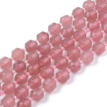 Natural Chalcedony Beads Strands, Imitation Strawberry Quartz, Round, Faceted, Dyed & Heated, 8~9x10mm, Hole: 1.2mm, about 33~35pcs/strand, 15.16inch(38.5cm)