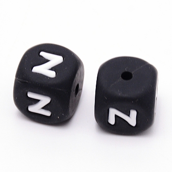Silicone Beads, Cube with Letter.Z, Black, 12x12x12mm, Hole: 2mm