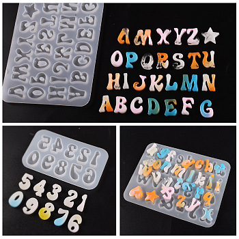 DIY Silicone Cabochon Molds, Resin Casting Molds, For UV Resin, Epoxy Resin Craft Making, Alphabet/Number, White, 53~98x88~126x5mm, 3pcs/set