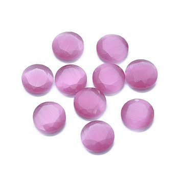 Cat Eye Cabochons, Faceted, Flat Round, Hot Pink, 9.5x2.5~3.5mm
