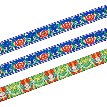Ethnic Style Polyester Ribbon, Jacquard Ribbon, Tyrolean Ribbon, Flower Pattern, Blue, 1-1/4 inch(33mm), about 7.66 Yards(7m)/Roll