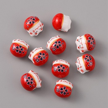 Handmade Porcelain Beads, Famille Rose Porcelain, Lucky Cat, Red, 14x12.5x11.5mm, Hole: 2mm