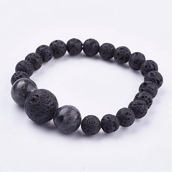Natural Larvikite Stretch Bracelets, with Natural Lava Rock Beads, Round, 2 inch(52mm)