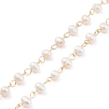 Handmade Natural Freshwater Pearl Beaded Chains, with 304 Stainless Steel Findings, Unwelded, Golden, 6~8x5~6mm, about 3.28 Feet(1m)/Strand