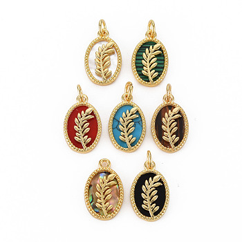 Brass Pendants, with Shell/Synthetic Stone/Acrylic and Jump Ring, Real 16K Gold Plated, Oval with Leaf, Nickel Free, Mixed Color, 18x11x2mm, Jump Ring: 5x1mm, 3mm inner diameter