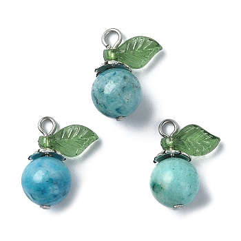 Natural Hemimorphite Dyed Fruit Pendants, Apple Charms with Stainless Steel Color Tone 304 Stainless Steel Loops, 16x16x8~8.3mm, Hole: 1.6mm