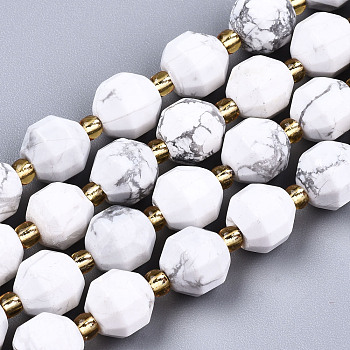 Natural Howlite Beads Strands, Faceted, with Seed Beads, Round, 8x8mm, Hole: 1.2mm, about 34pcs/strand, 15.35 inch(39cm)
