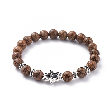 Unisex Stretch Bracelets, with Tibetan Style Alloy Beads, Natural Black Agate(Dyed) Beads and Wood Beads, Hamsa Hand/Hand of Fatima/Hand of Miriam, Antique Silver, 2-1/8 inch(5.5cm)