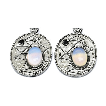 Opalite Oval Pendants, Rack Plating Antique Silver Plated Brass Pave Rhinestone Oval Charms, Cadmium Free & Lead Free, 45x35x8mm, Hole: 3.5mm