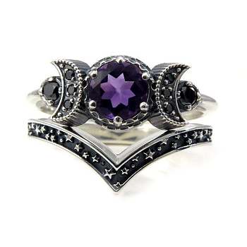 Gothic Purple Crystal Ring with Triple Moon Goddess - Black Diamond Jewelry for Women, Purple, 9th