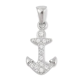 304 Stainless Steel Micro Pave Cubic Zirconia Pendants, Anchor Charm, Stainless Steel Color, 21.5x15.5x2.5mm, Hole: 3x6mm