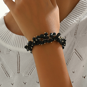 Golden Tone Iron Vintage Natural Dyed & Heated Black Agate Chips Beaded Bracelets for Women's Party Travel, 7-1/2 inch(19cm)