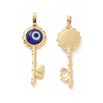 Handmade Evil Eye Lampwork Pendants, with Real 18K Gold Plated Tone Brass Findings, Key Charm, Blue, 33x12x4mm, Hole: 4x6mm