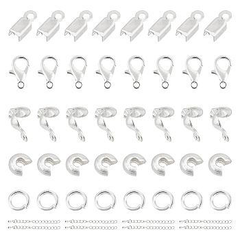 DIY Jewelry Making Finding Kit, Including Zinc Alloy Lobster Claw Clasps, Iron Jump Rings & Folding Crimp Ends & Bead Tips & Crimp Beads Covers, Brass Chain Extender, Silver, 900Pc/box