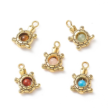 Natural & Synthetic Mixed Gemstone Pendants, Animal Charm, with Antique Golden Plated Tibetan Style Alloy Findings and Iron Loops, Mixed Dyed and Undyed, Tortoise Pattern, 19.5x12.5x4.5mm, Hole: 2.7mm