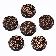Painted Natural Wood Beads, Laser Engraved Pattern, Flat Round with Leopard Print, Coconut Brown, 15x4.5mm, Hole: 1.5mm(WOOD-T021-49A-07)