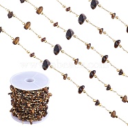 Natural Tiger Eye Chips Beaded Chains, with Golden Brass Findings, Long-Lasting Plated, Soldered, with Spool, 4~14x4~11x2~7mm, about 3.28 Feet(1m)/Box(CHC-SZ0001-62J)