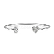 Anti-Tarnish Heart & Letter Rhodium Plated 925 Sterling Silver Micro Pave Cubic Zirconia Cuff Bangles for Women, Letter S, 0.2~0.8cm, Inner Diameter: 1-7/8x2-1/4 inch(4.85x5.65cm)(BJEW-C062-01S-P)