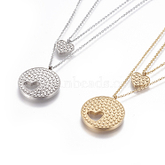 304 Stainless Steel Tiered Necklaces, with Cable Chains, Flat Round with Heart, Mixed Color, 18.11 inch(46cm), Pendant: 13x12x2mm and 28x25x3mm(NJEW-E141-22)