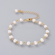 Beaded Bracelets, with Grade A Natural Freshwater Pearl Beads and Brass Extension Chains, Golden, 188mm(X-BJEW-JB04730)
