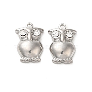 304 Stainless Steel Pendants, with Rhinestone, Owl Charms, Crystal, 15.5x10.5x4mm, Hole: 1.6mm(STAS-L022-338P-02)