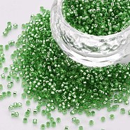 Glass Cylinder Beads, Seed Beads, Silver Lined, Round Hole, Green, 1.5~2x1~2mm, Hole: 0.8mm, about 80000pcs/bag, about 1pound/bag(SEED-S047-R-009)