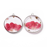 Transparent Clear Epoxy Resin Pendants, with Edge Platinum Plated Brass Loops and Gold Foil, Flat Round Charms with Inner Flower, Deep Pink, 34x30x4mm, Hole: 2.6mm(RESI-L036-06G-01)