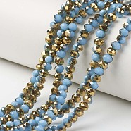 Electroplate Opaque Glass Beads Strands, Half Golden Plated, Faceted, Rondelle, Sky Blue, 6x5mm, Hole: 1mm, about 85~88pcs/strand, 16.1~16.5 inch(41~42cm)(EGLA-A034-P6mm-O11)