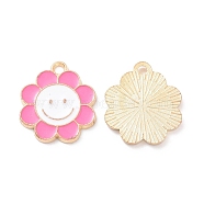 Alloy Enamel Pendants, Flower with Smiling Face Charm, Light Gold, Pearl Pink, 18.5x16x1.5mm, Hole: 1.8mm(X-PALLOY-D015-07C)