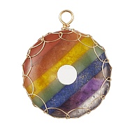 Chakra Gemstone Donut Copper Wire Wrapped Pendants, Natural Mixed Stone Pi Disc Charms, Light Gold, 36.5x30.5x7mm, Hole: 3.5mm(PALLOY-TA00054)