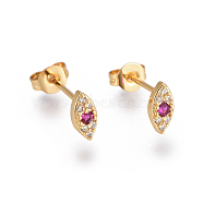 Brass Micro Pave Cubic Zirconia Stud Earrings, with Brass Ear Nuts, Horse Eye, Clear & Magenta, Golden, 7.5x3.5mm, Pin: 0.7mm(EJEW-F201-07G)