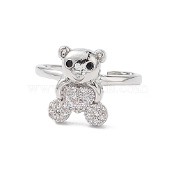 Bear Cubic Zirconia Cuff Ring, Real Platinum Plated Brass Open Ring Jewelry for Women, Clear, 2mm, Inner Diameter: 17mm(RJEW-M146-03F)