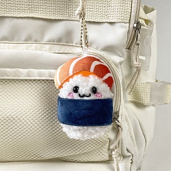 Japanese Cartoon Style Salmon Sushi Plush Pouches, Wallets for Children, Wool Pendant Keychain, Blue, 9.6cm(PW-WG91A2A-02)