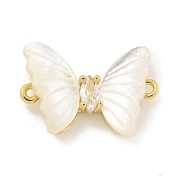 Brass Pave Clear Cubic Zirconia Butterfly Connector Charms, with Shell, Real 18K Gold Plated, 12x18x4mm, Hole: 1.1mm(KK-Q820-38G)