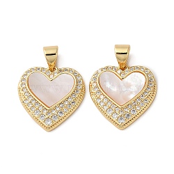 Brass Micro Pave Cubic Zirconia Pendants, with Shell, Heart, Real 18K Gold Plated, 17x16x2.5mm, Hole: 4.5x3.5mm(KK-D057-14G)