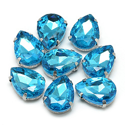 Sew on Rhinestone, Multi-strand Links, Glass Rhinestone, with 201 Stainless Steel Prong Settings, Garments Accessories, Faceted, teardrop, Deep Sky Blue, 14x10x6mm, Hole: 0.8~1mm(RGLA-T035-10x14mm-13)