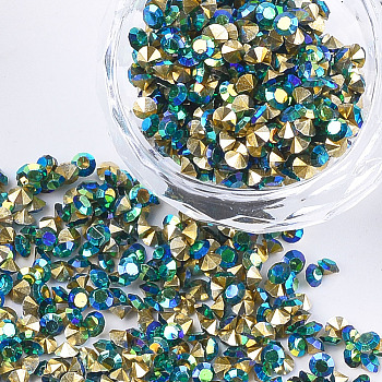 Eco-Friendly Pointed Back Resin Rhinestones, Back Plated and AB Color Plated, Diamond Shape, Capri Blue AB, 3mm, about 14400pcs/bag