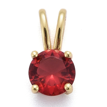 Brass Micro Pave Cubic Zirconia Pendants, Real 18K Gold Plated, Long-Lasting Plated, Flat Round, Red, 13.5x7x5mm, Hole: 6x2mm