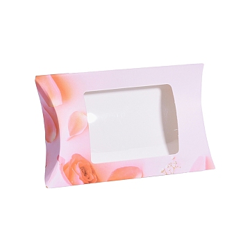 Paper Pillow Boxes, Gift Candy Packing Box, with Clear Window, Floral Pattern, Pink, 12.5x8x2.2cm