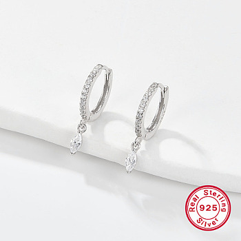 Rhodium Plated 925 Sterling Silver Hoop Earring for Dangle Earrings, with Horse Eye Cubic Zirconia Dangle Charms, Clear, 19x2mm