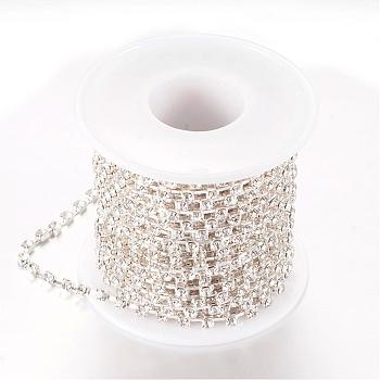 Brass Rhinestone Strass Chains, with Spool, Rhinestone Cup Chains, Silver Color Plated, Crystal, 2.6mm, about 10yards/roll