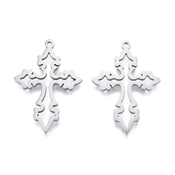 201 Stainless Steel Pendant,  Hollow Charms, Cross, Stainless Steel Color, 33x23x1.5mm, Hole: 1.4mm